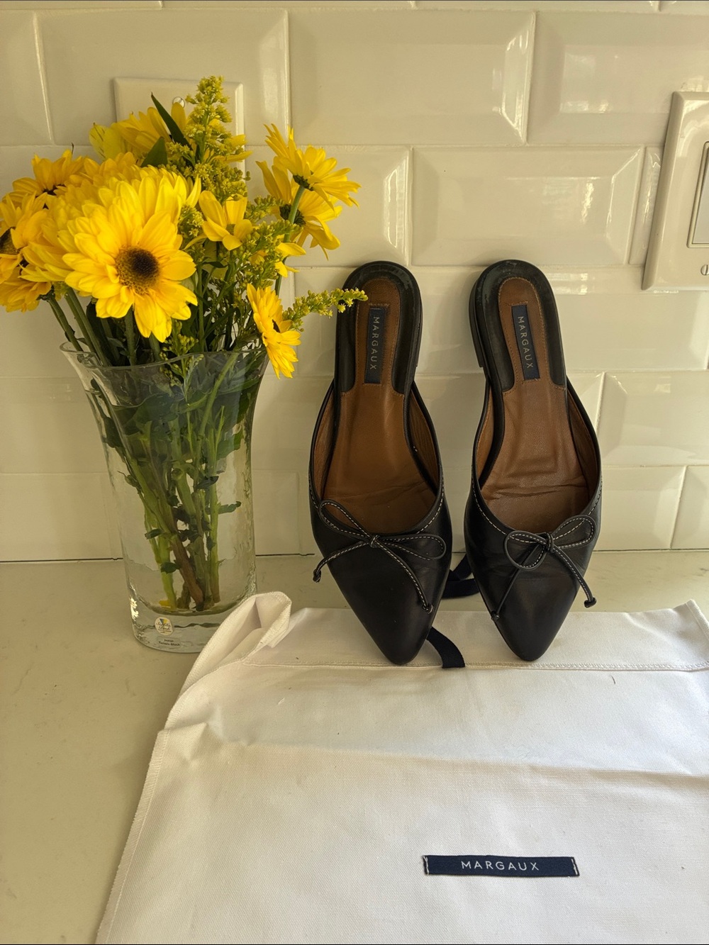 Margaux Black Leather Pointed Bow Backless Mules